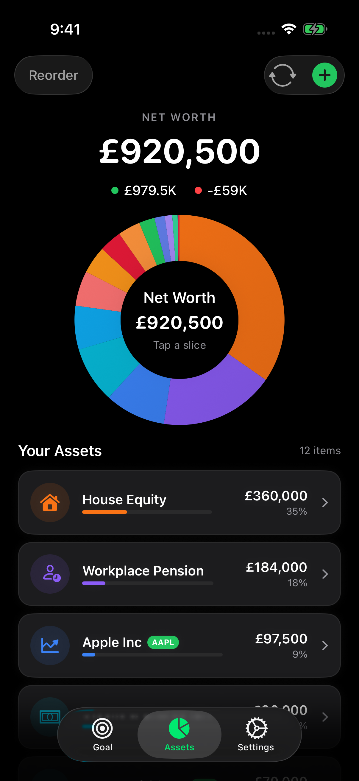 Assets view showing portfolio breakdown