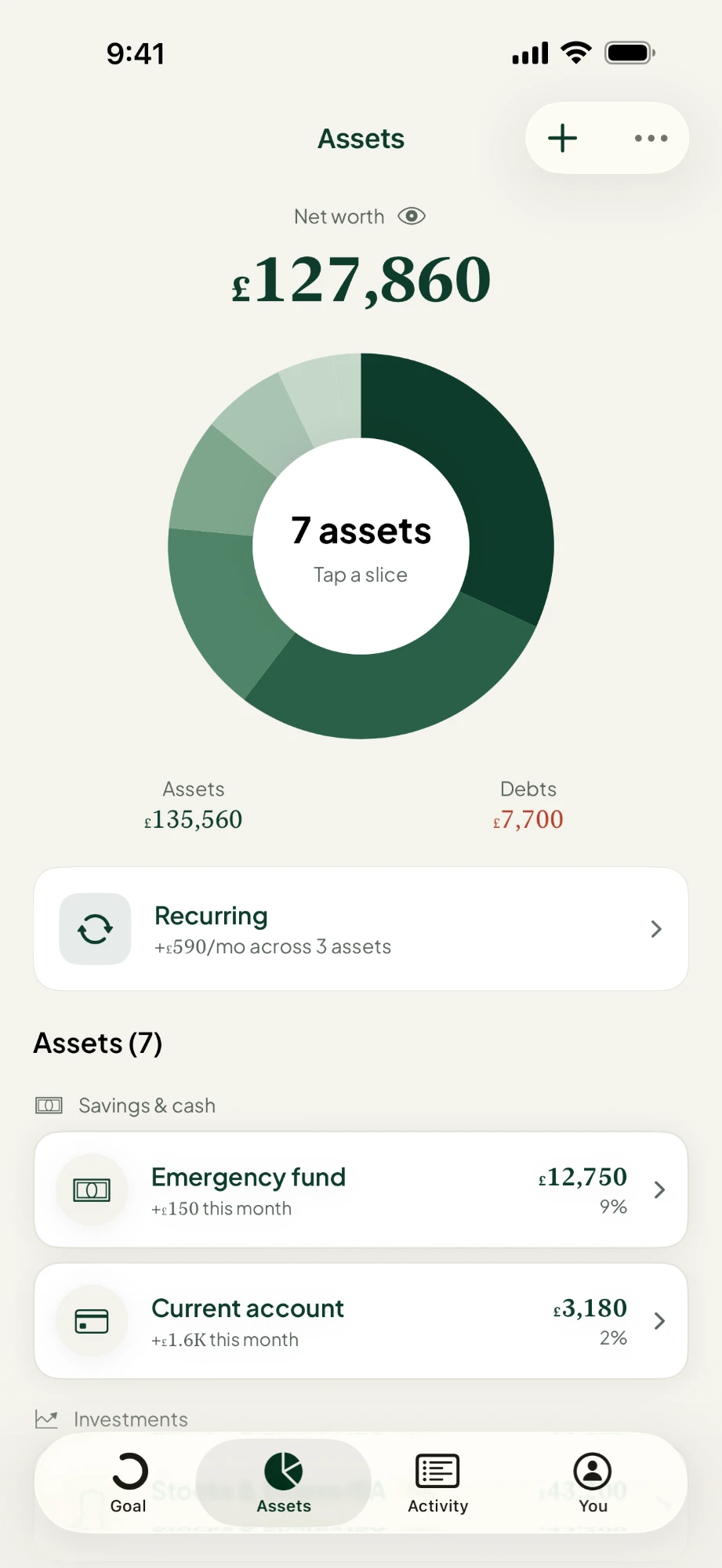 Assets screen with a donut chart of assets and debts