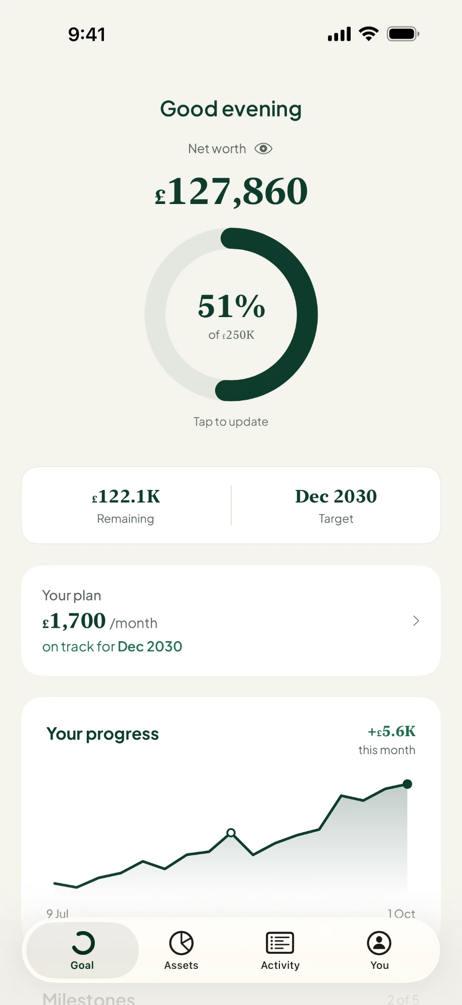 Goal screen showing net worth and a progress ring